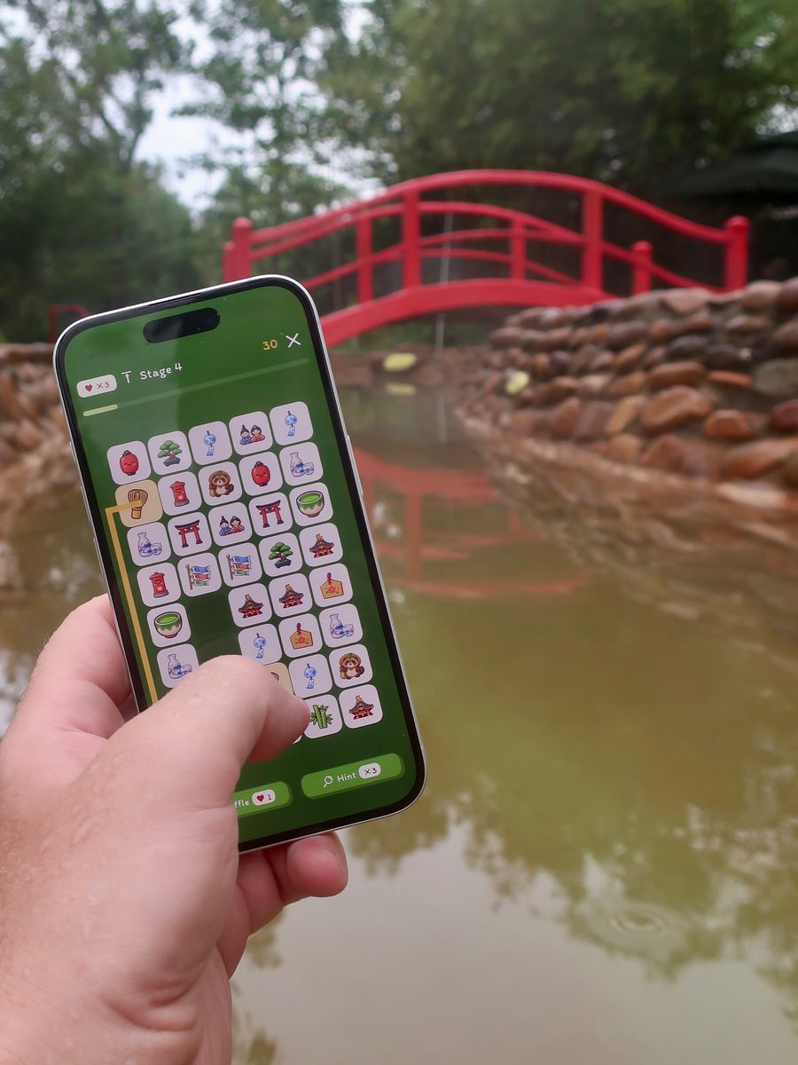 Playing a Japanese-themed Matchaa board beside a garden pond with a red arched bridge.