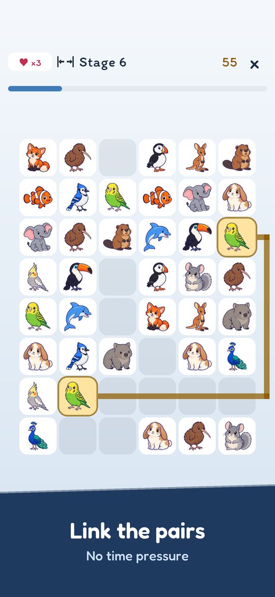 Link the pairs. No time pressure. A board of cute animal tiles with two budgies linked.