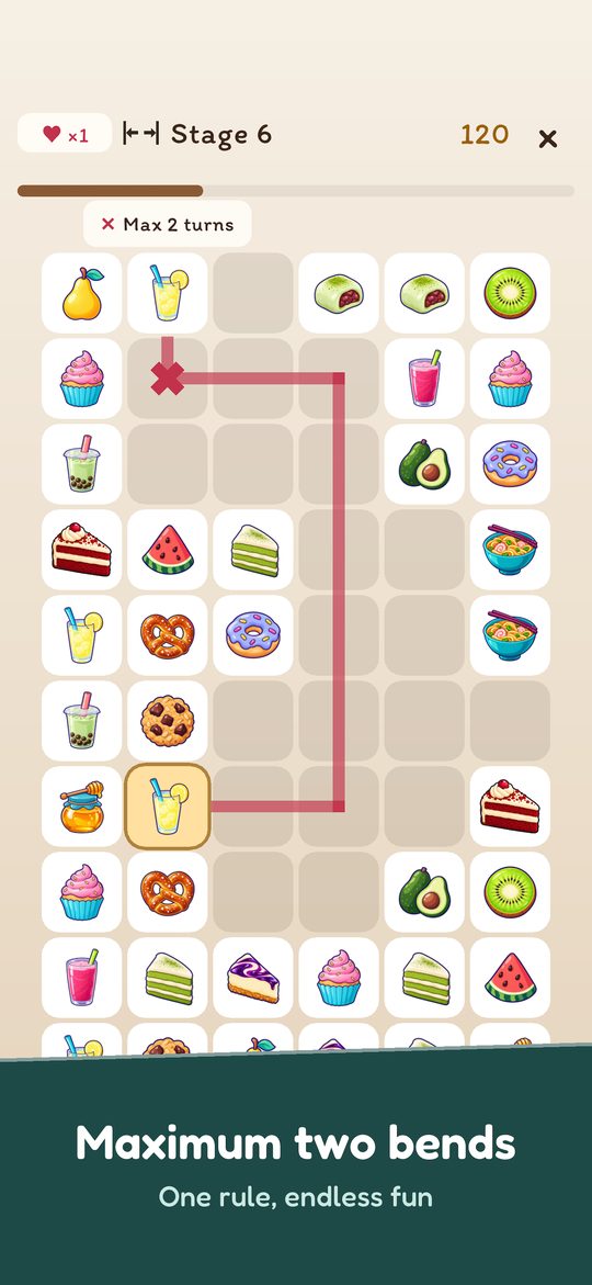 Maximum two bends. One rule, endless fun. A food board where a three-bend link is rejected.
